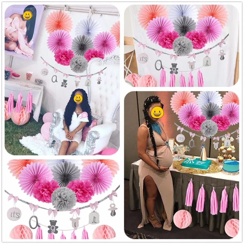 

Its A Girl Party Baby Shower Decorations Pink White Birthday Party Favor Set Paper Fans Pom Poms Honeycomb Balls 13Pieces