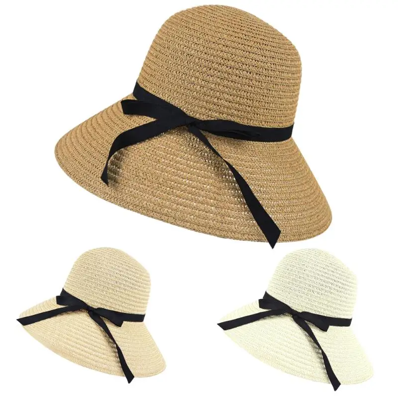 

3 Colors Beach Straw Knitted Hat Women Wide Brim Hot Summer Sun Hat Straw Floppy Elegant Bohemia Cap Bowknot Hats