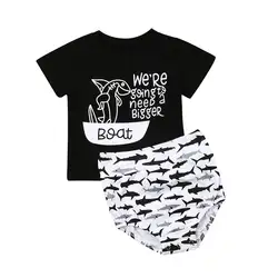 2019 комплект одежды для маленьких мальчиков и девочек, летняя одежда для новорожденных с изображением акулы, футболка + шорты для малышей
