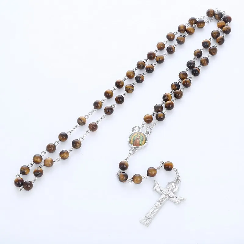 

2019 New Arrival Wholesale Cross Necklace Catholic Christian Ornaments Tiger Eyes Rosary Necklace Jewelry 10pcs/lot