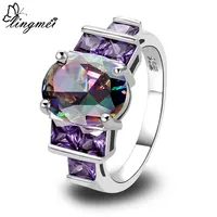 lingmei Wholesale Charm Fancy Shinning Rainbow Topaz & Amethyst  Silver Ring Size 6 7 8 9 10 Noble Jewelry Free Shipping