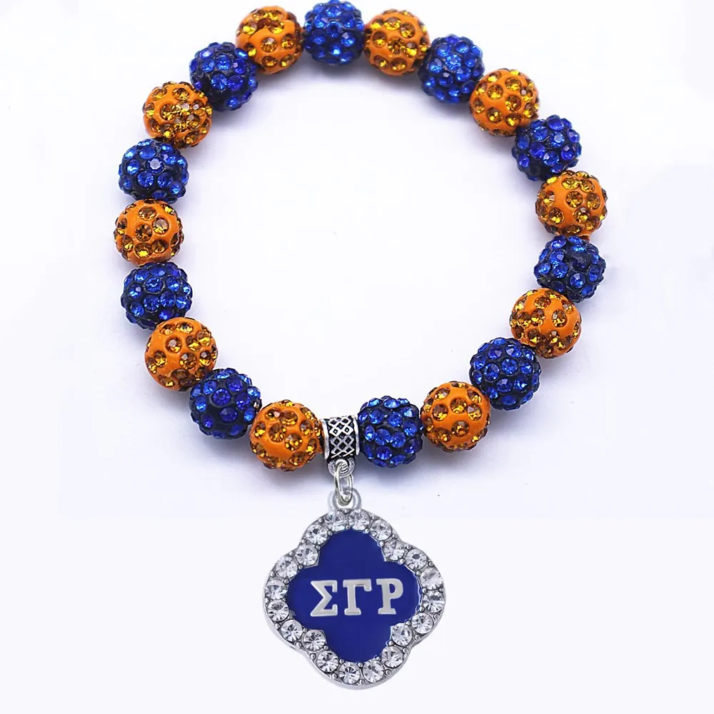 

Sorority jewelry Sigma Gamma Rho bracelet 10mm brown green disco ball beads Greek life four clover charm bracelet bangles