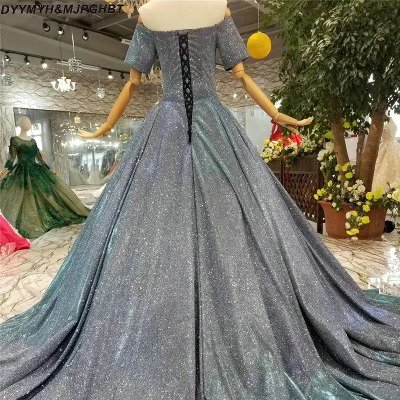 Grey Vintage Short Sleeves Evening Dresses 2018 Simple Sexy Off Shoulder Evening Gowns Real Photo1