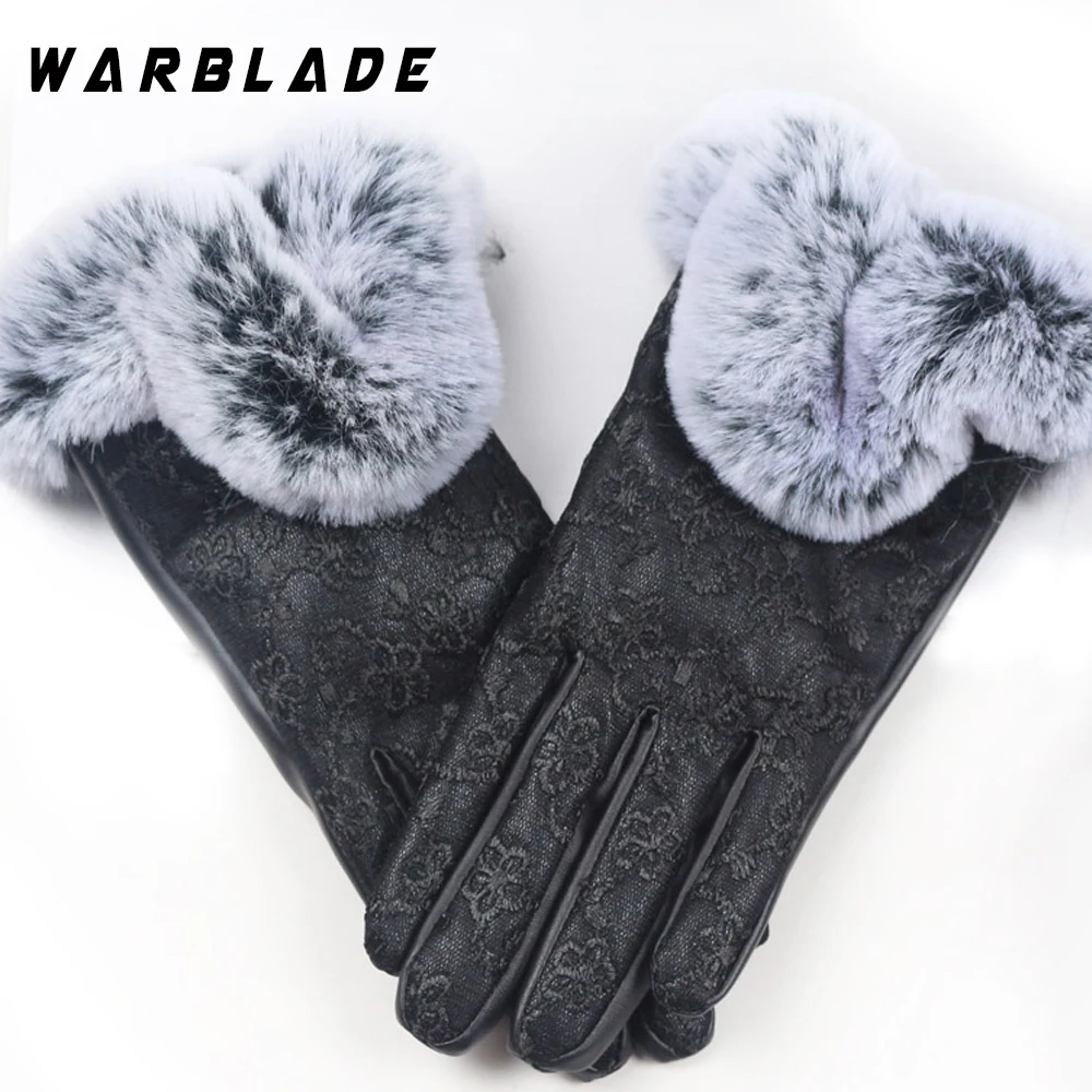 

2018 Women New Solid Gloves Lady Black Leather Gloves Autumn Winter Warm Rabbit Fur Mittens winter gloves leather women gloves