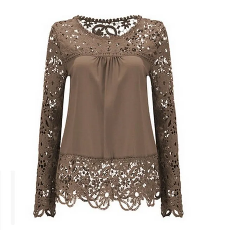 

New Clothes 5XL Shirt Chiffon Blouse Hollow Lace Splice Women Tops Long Sleeve Sexy Shirt Women Casual Blusas Women Tops 62929