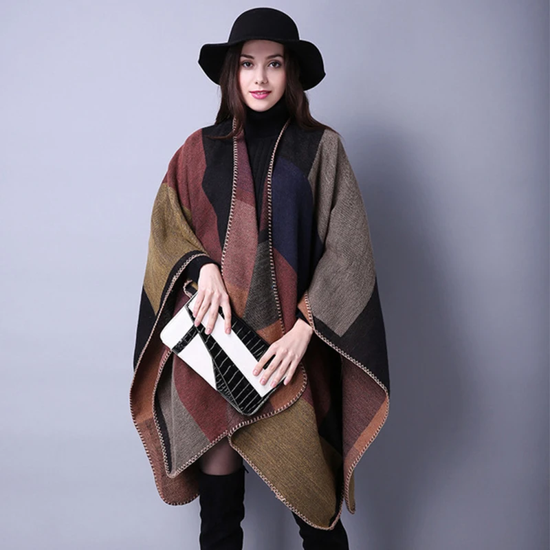 

Women Winter Warm Plaid Ponchos And Capes Oversized Shawls and Wraps Cashmere Pashmina Cardigans Sweater Female Bufanda Mujer