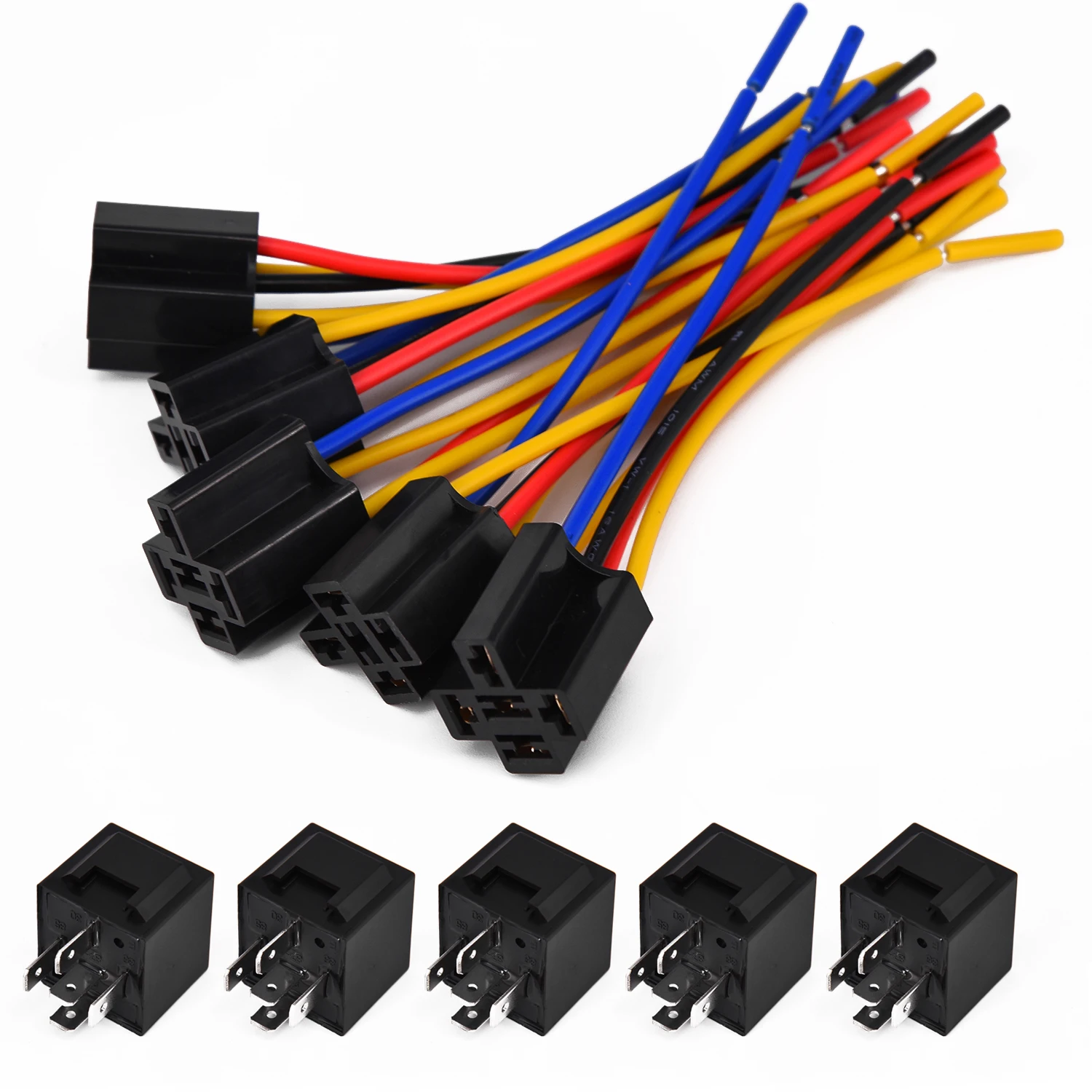 5 x Mini Relay SPST 4Pins 12V DC 40A Contact Car Vehicle /& 5X Socket 4Pin Wire