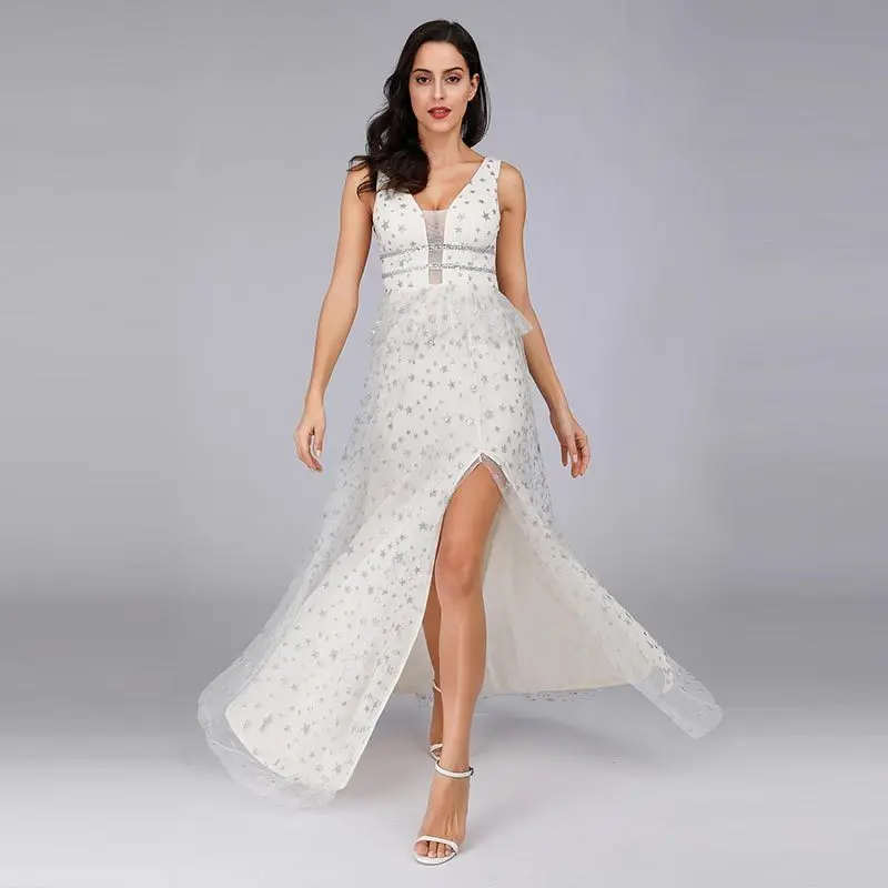 

Sparkle Stars Bridesmaid Dresses A-Line Double V-Neck Sleeveless Sequined Sexy Women Formal Wedding Guest Gowns Vestido Madrinha