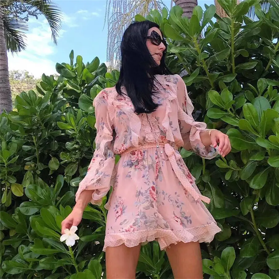 

2019 New Women Fashion Jumpsuits Playsuits Sexy V-neck Long Sleeve Flower Printed Women Jumpsuits Rompers Lace Junpsuits