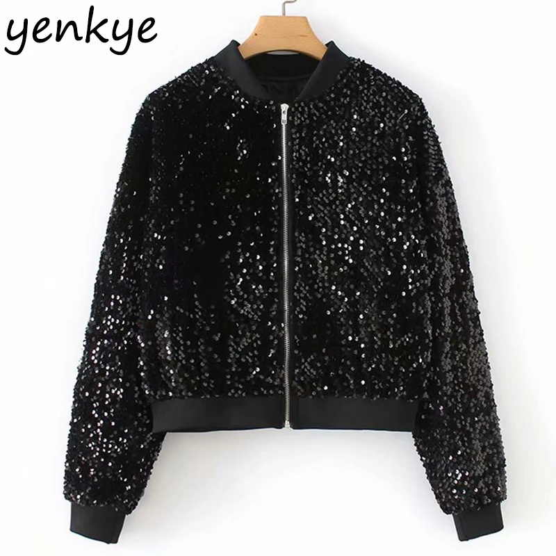 Goede Mode Vrouwen Vintage Oversized Sequin Jacket Lady Lange Mouwen Stand Kraag Rits Casual Herfst Bovenkleding chaqueta mujer