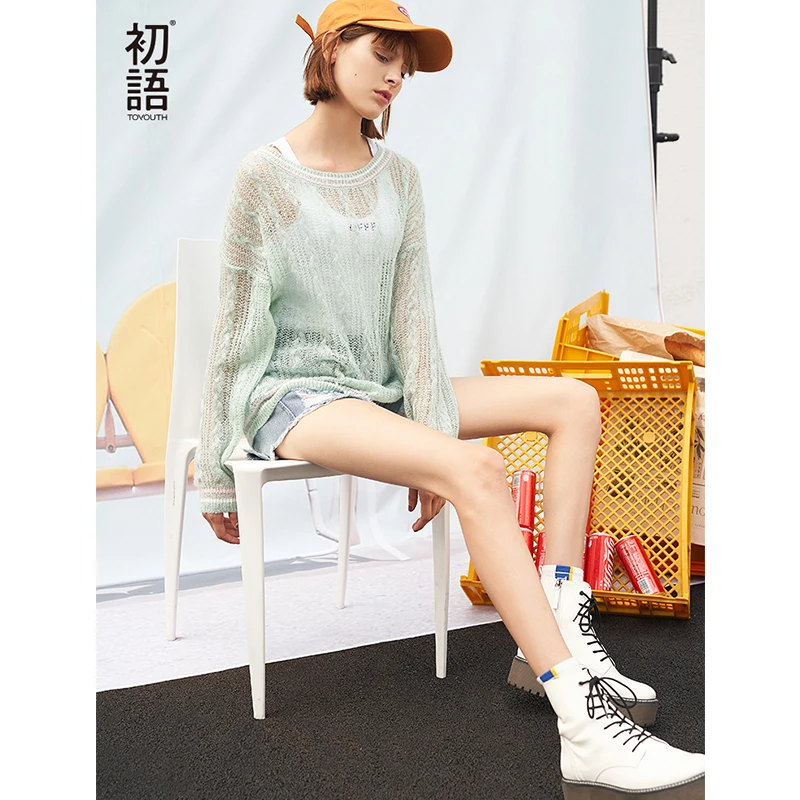 

Toyouth 2019 Women Spring Sweater Sexy Hollow Out Round Neck Long Sleeve Sweater New Arrival Female Stripe Print Sweaters