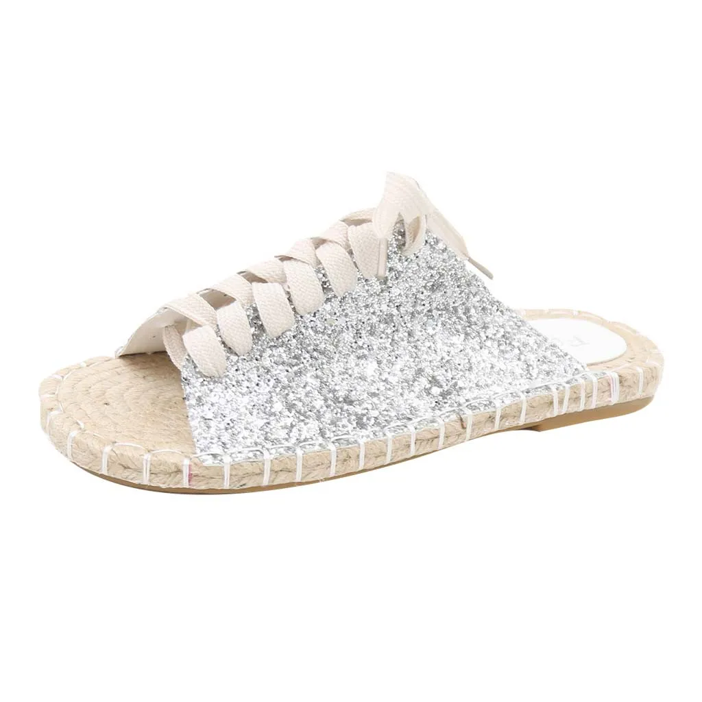 

SAGACE New Women Casual Lace Up Fringed Plaited Straw Hemp Flax Soles Flat Lazy Loafers Mules Scuff Slides Slippers Shoes 2019