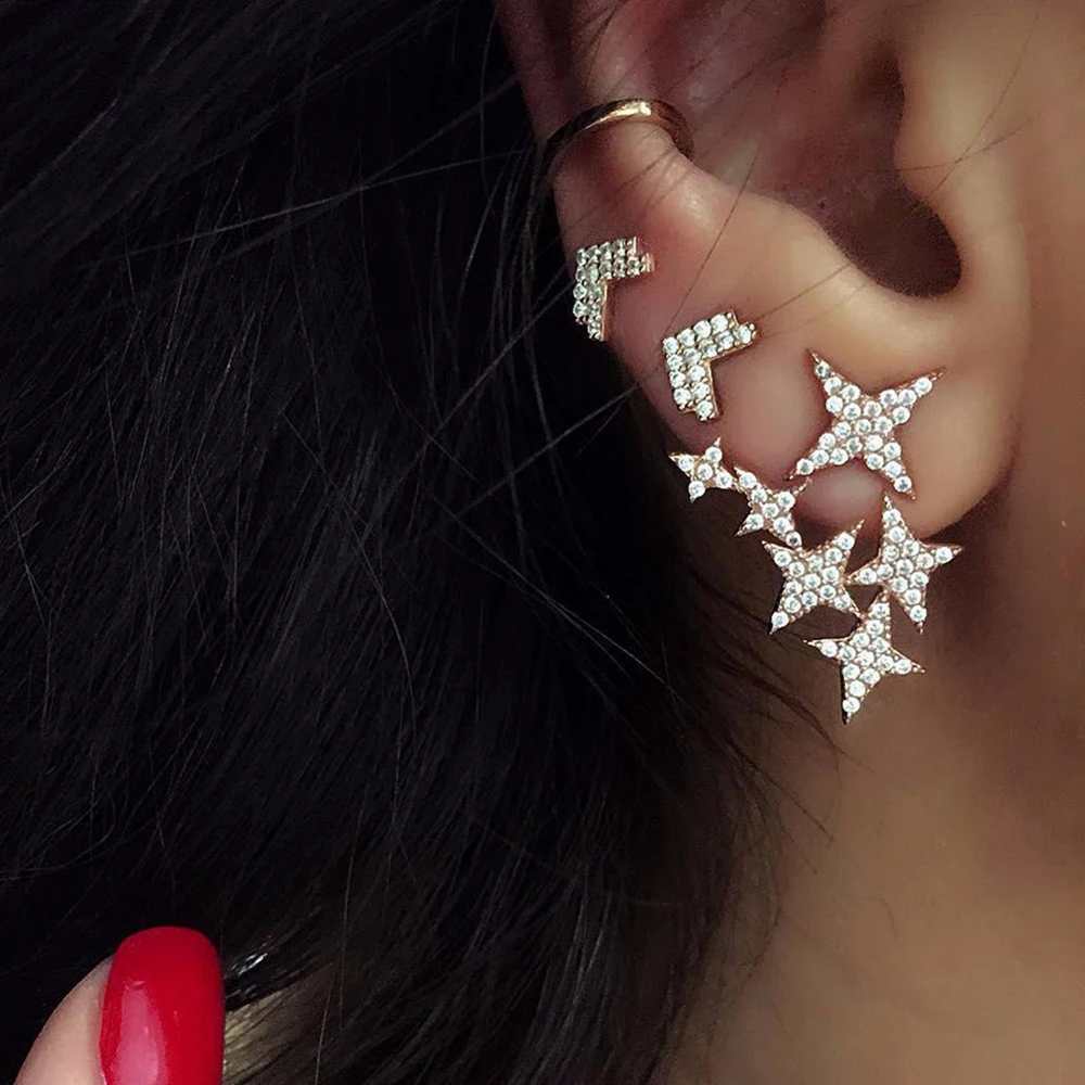 Shiny Punk Full Crystal Arrow Star Earrings Stud Sets For Women Girl Vintage Statement Geometric