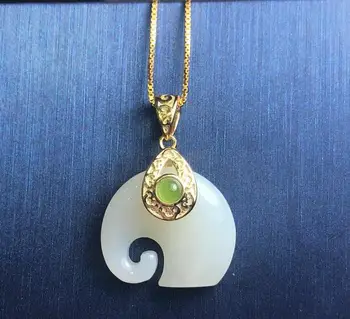 

925 Sterling Silver White HeTian Jade Carved Cute Elephant Design Lucky Pendant + Chain Necklace Charm Fine Jewelry Charm Gift