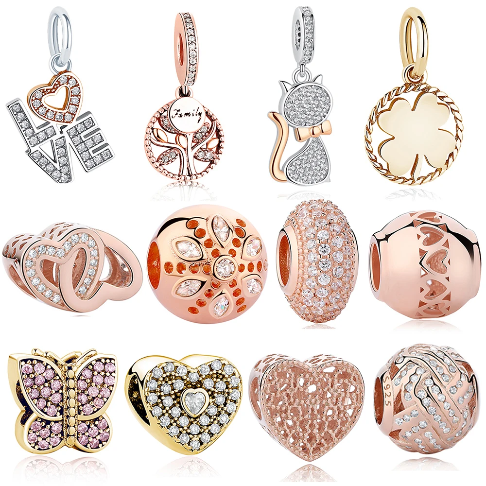 

FOREWE 925 Sterling Silver Rose Gold Crystal Tree of Life Heart Rabbit Cat Charm Beads Fit Pandora Charm Bracelet DIY Jewelry