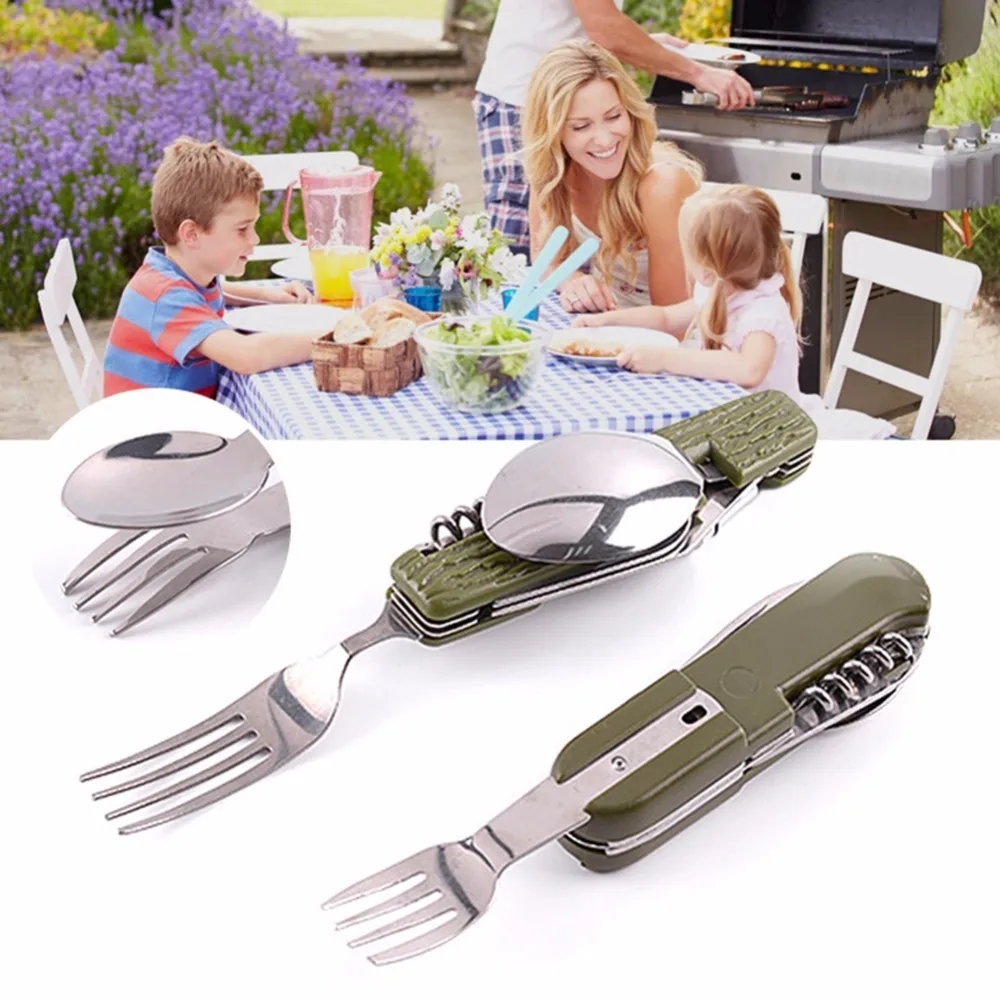 Outdoor Camping Stainless Steel Tableware Portable Folding Picnic Spoon Fork Bottle Opener Multi-functional Tableware Outdoor Camping Stainless Steel Tableware Portable Folding Picnic Spoon Fork Bottle Opener Multi-functional Tableware