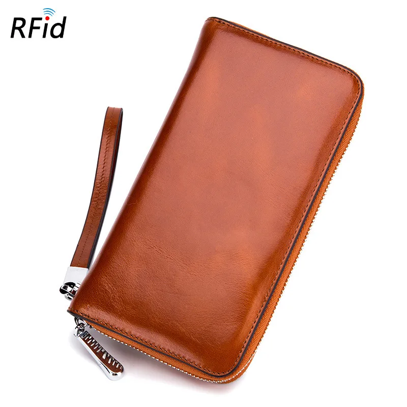 Брендовый RFID браслет из натуральной кожи, Женский держатель для карт, на молнии, Длинный кошелек, клатч, сумка для мужчин, масло, воск, кожаный кошелек для телефона - Цвет: Naturals