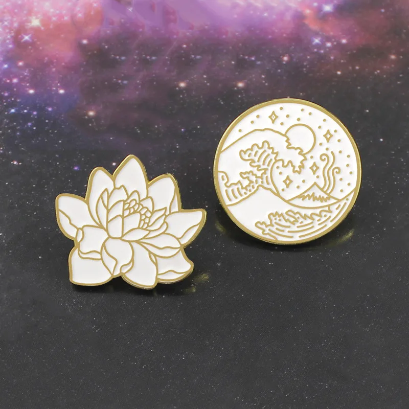 

Hot Lotus Wave Round Badge Brooch Seaside Wave Star Moon Ocean Plant Enamel Pin Hat Coat Lapel Brooch Neutral Japanese Gifts
