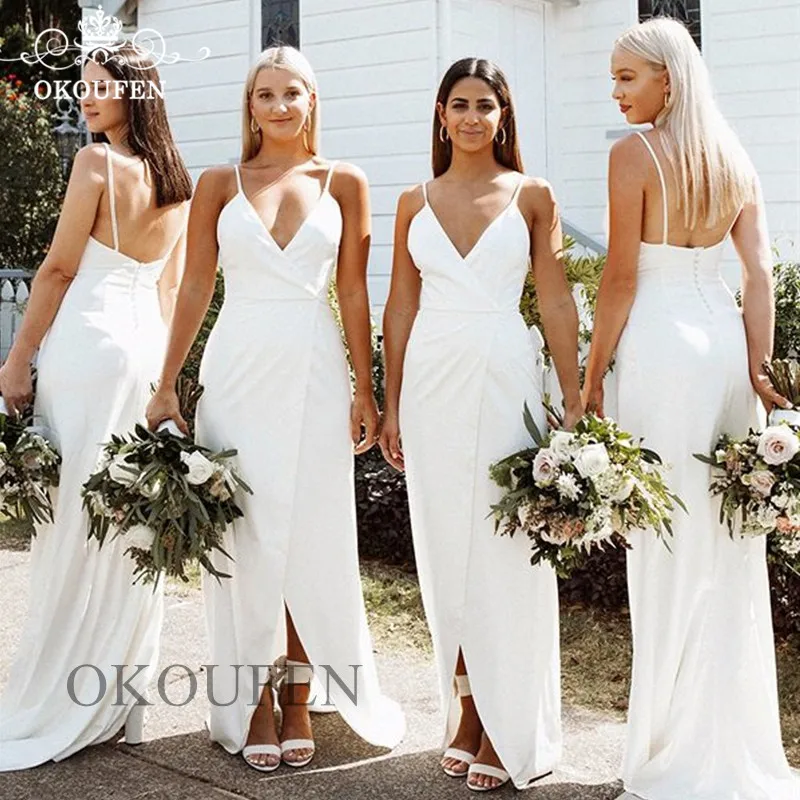 

White Long Bridesmaid Dresses 2020 Sexy Front Split Spaghetti Strap Customize Party Dress Wedding Bridal For Women