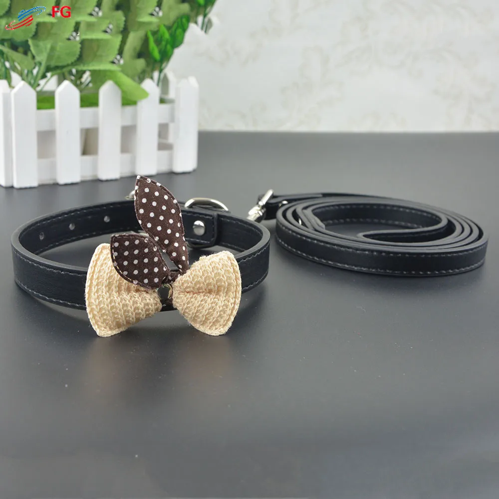 Knit Bowknot Style Dog Collar Leather Adjustable font b Pet b font Dog Collar and Leash