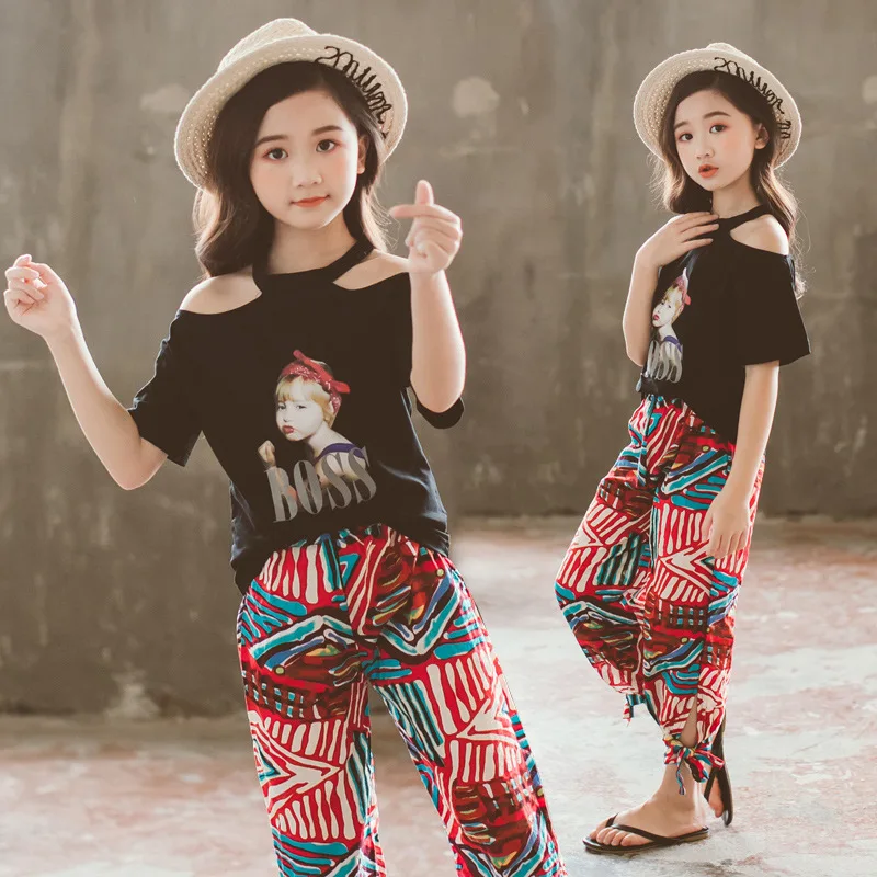 

Teenage Girls Clothing Set Kids Tracksuit Girls Summer Black Print T shirt Pants Suit Children Clothes 10 12 Year Girls Costume