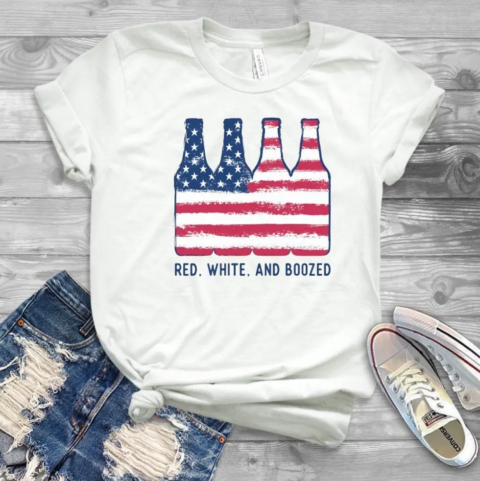 

Women's Hipster Red White and Boozed Independence Day T-shirt Unisex Casual Cotton Graphic Printed Maching Tee Couple Tops 2019