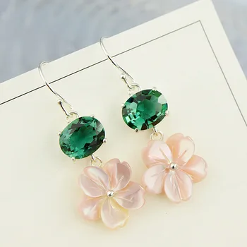

New S925 silver inlaid cherry shell earrings green crystal earrings elegant women's beautiful long earrings