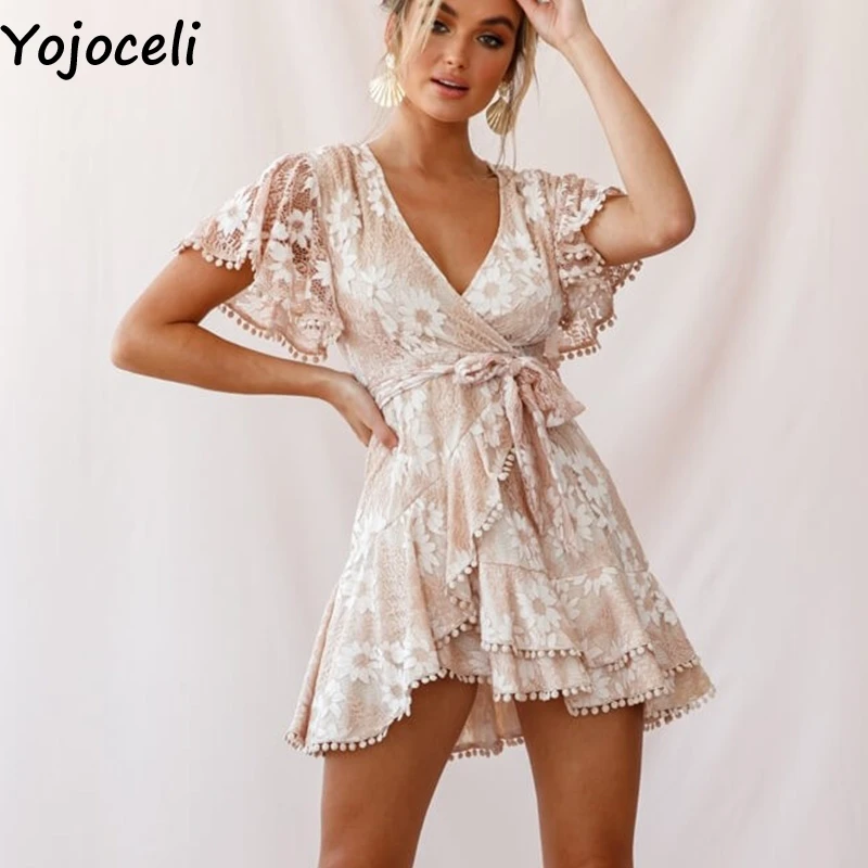 Yojoceli/элегантное кружевное платье с цветочным принтом женские летние сексуальные
