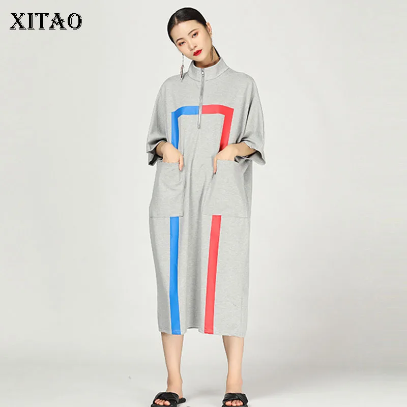 

[XITAO] Irregular Women Korea Fashion 2019 Summer Stand Collar Half Sleeve Loose Print Pattern Pocket Knee-length Dress DLL3258