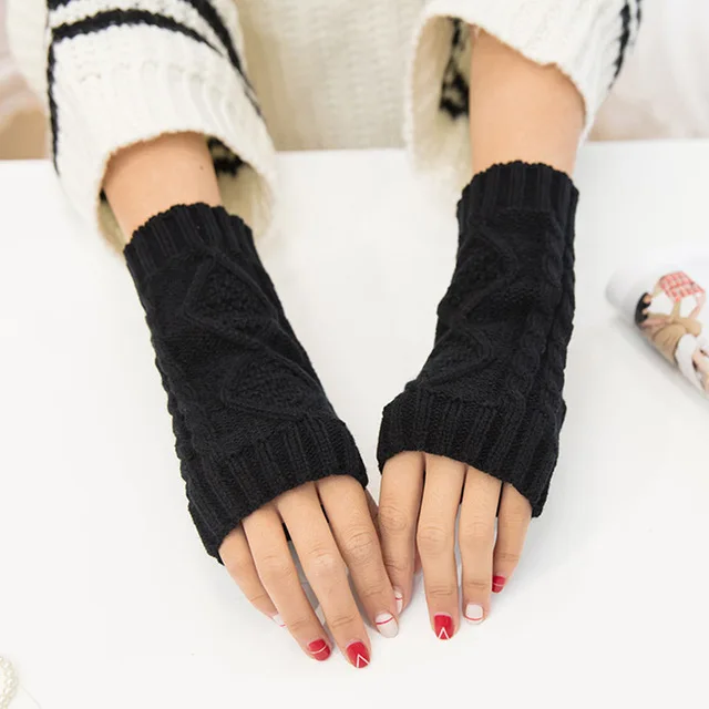 Модные стильные женские перчатки без запястья, зимние перчатки, варежки из искусственной шерсти, вязаные перчатки без пальцев - Цвет: 20cm black