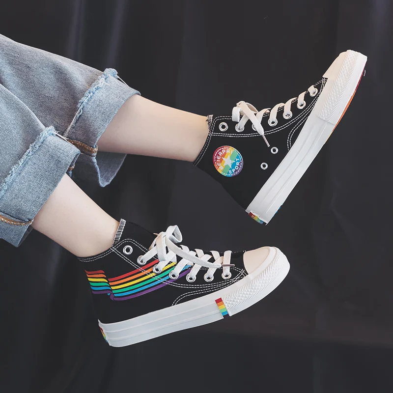 Women Rainbow Shoes High Up Lacing Girls White Sneakers Colorful Summer New Students Casual Shoes Zapatillas Lona Mujer