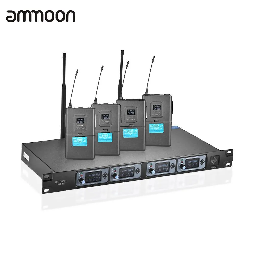 

ammoon 4T Professional 4 Channel UHF Wireless Headset Microphone System 4 Mics 1 Wireless Receiver