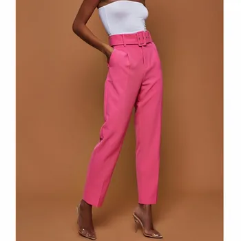 

Women Autumn Harem Pants Formal Ankle-length Trousers Sashes Slim White Candy Colors Female Classic High Waist Office Lady Pants
