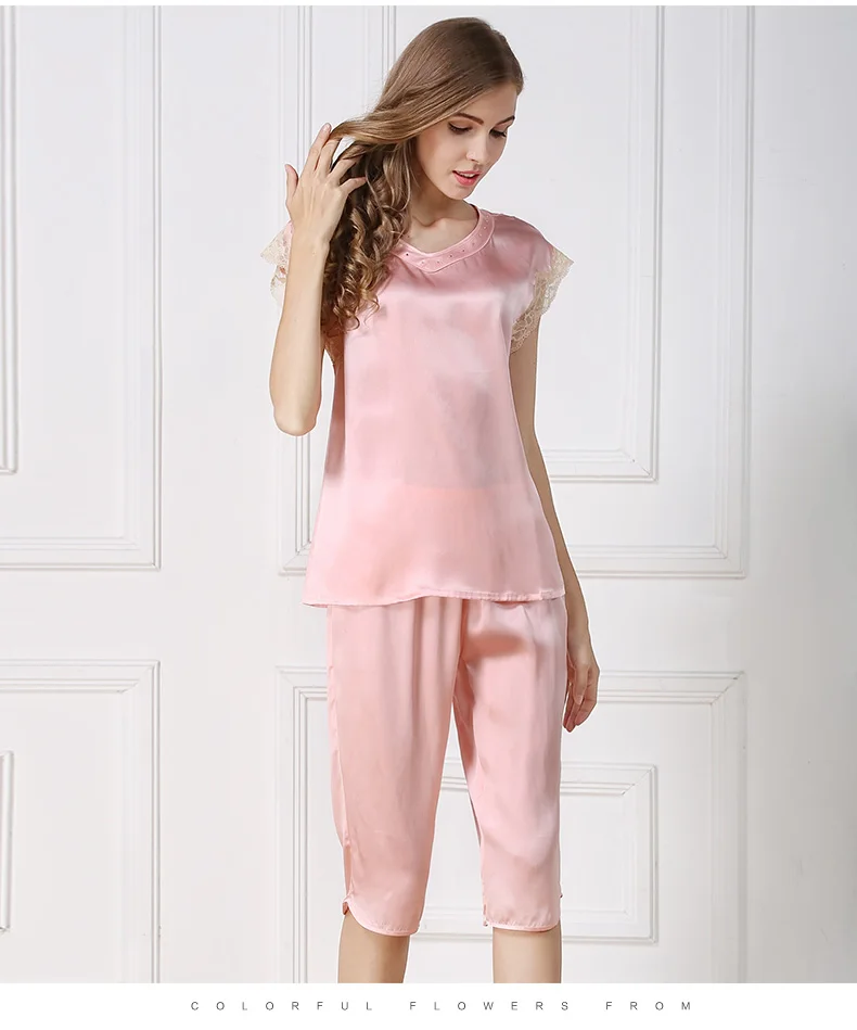 Женский Шелковый пижамный комплект на лето 2019 Розовый Модный кружевной принт сексуальные с коротким рукавом пижамные комплекты для женщин