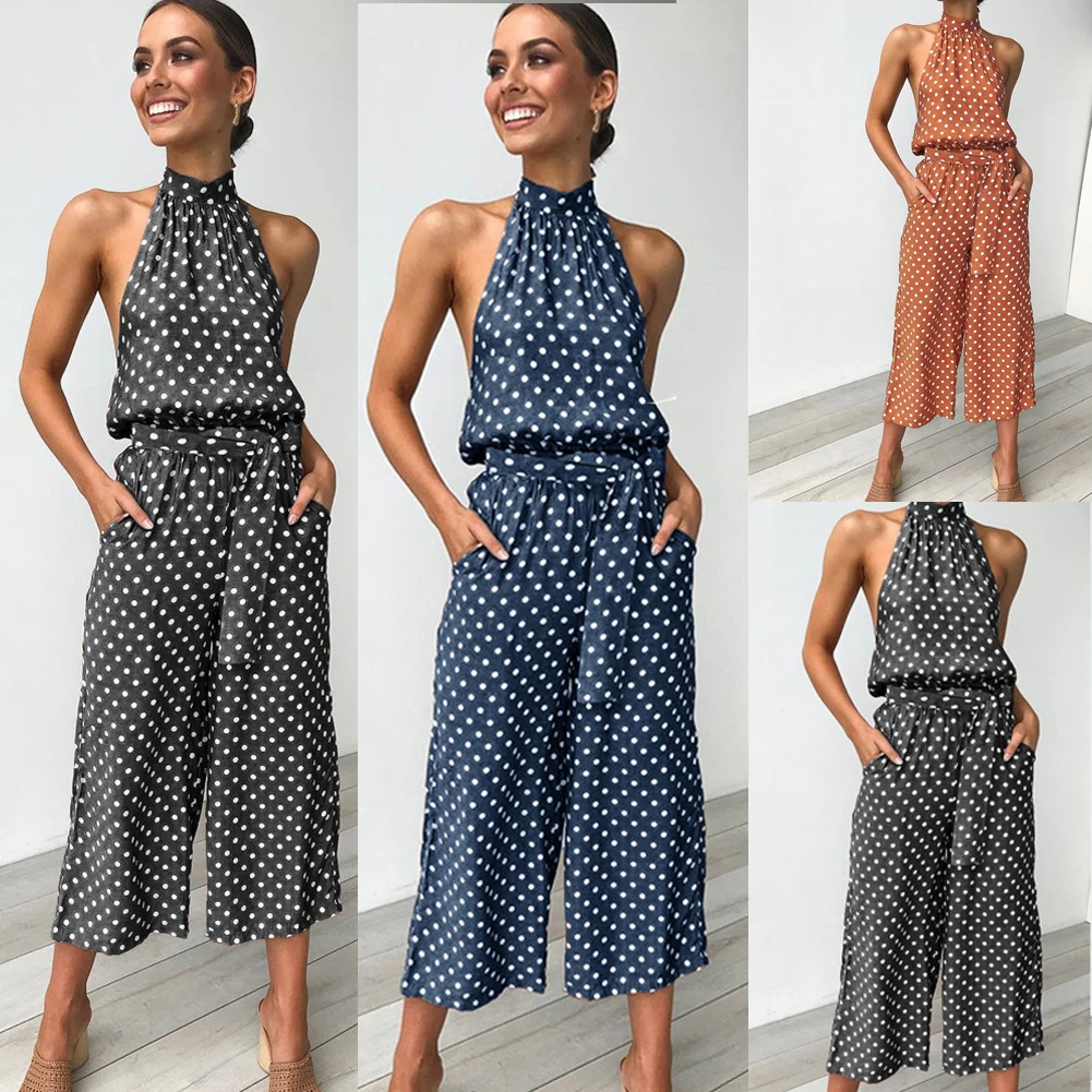 Polka Dots Print Turtleneck Shirred Waist Women Super Comfy Fashion Trendy Boho Print Loose Long Wide Leg Trousers Jumpsuit