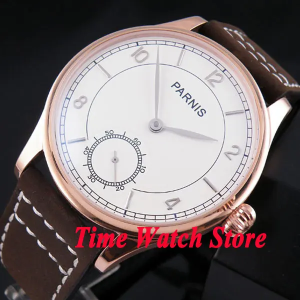 

Parnis 44mm white dial silver hands golden case 6498 mechanical hand chain movement Men's watch 237