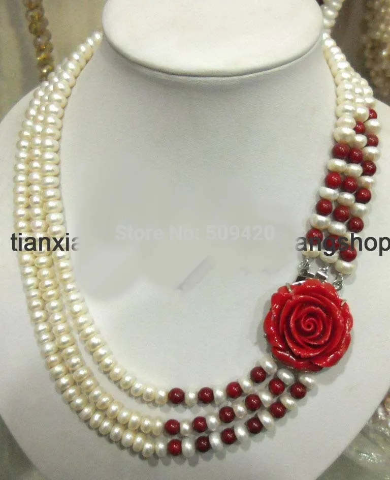 

Shipping 7-8mm White Freshwater Pearl Red Coral Necklace 3row flower Clasp (C0309)