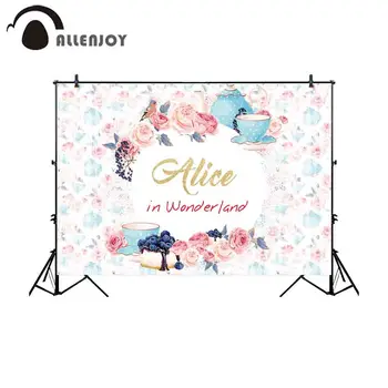 

Allenjoy backdrop photocall pink rose blue cups bird frame alice magic dream dessert girl party photographic camera background