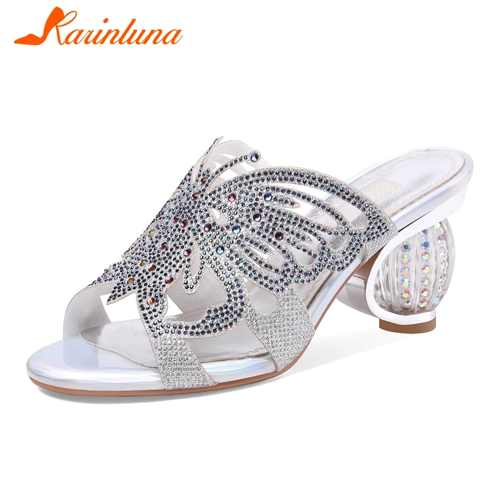 

KARINLUNA New Korean Style Genuine Leather Mules Women 2019 Summer Fashion Crystal Mules Casual Women High Heels Shoes Woman