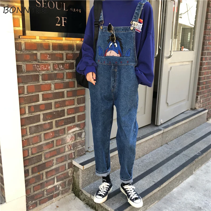 

Jumpsuits Women Kawaii Cartoon Embroidery Simple Casual Trendy Denim Strap Trousers High Quality Womens Elegant Korean Style
