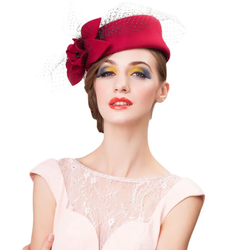 FS королевский цветок шерсть черный Pillbox шляпа с вуалью чародей шляпы для женщин Свадебные Элегантные вечерние Дерби женские фетровые шляпы