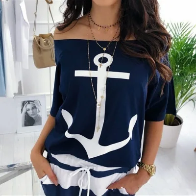 Для женщин сексуальное платье с открытыми плечами, летняя блузка с вырезом лодочкой с рукавами «летучая мышь» блузки, рубашки повседневные свободные печати Белые блузы 5XL - Цвет: Navy