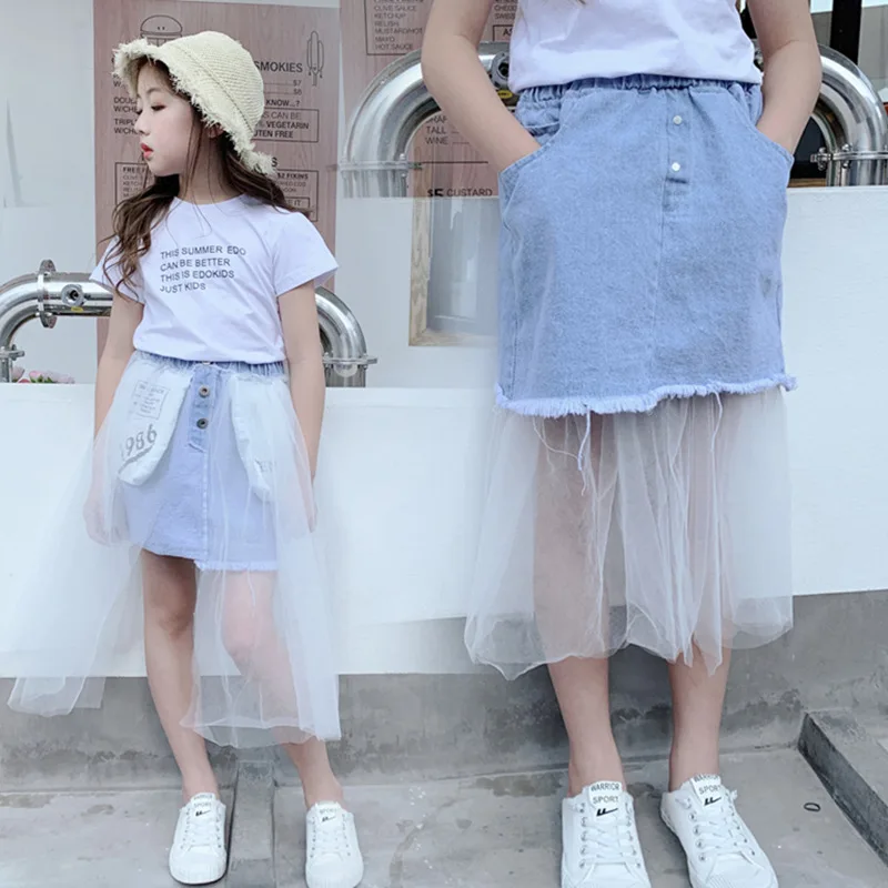 

Two Style To Wear 2019 New Summer Kids Mesh Patchwork Skirt Children Jeans Skirt Toddler Tutu Skirt Fashion Denim Clothes,#5253