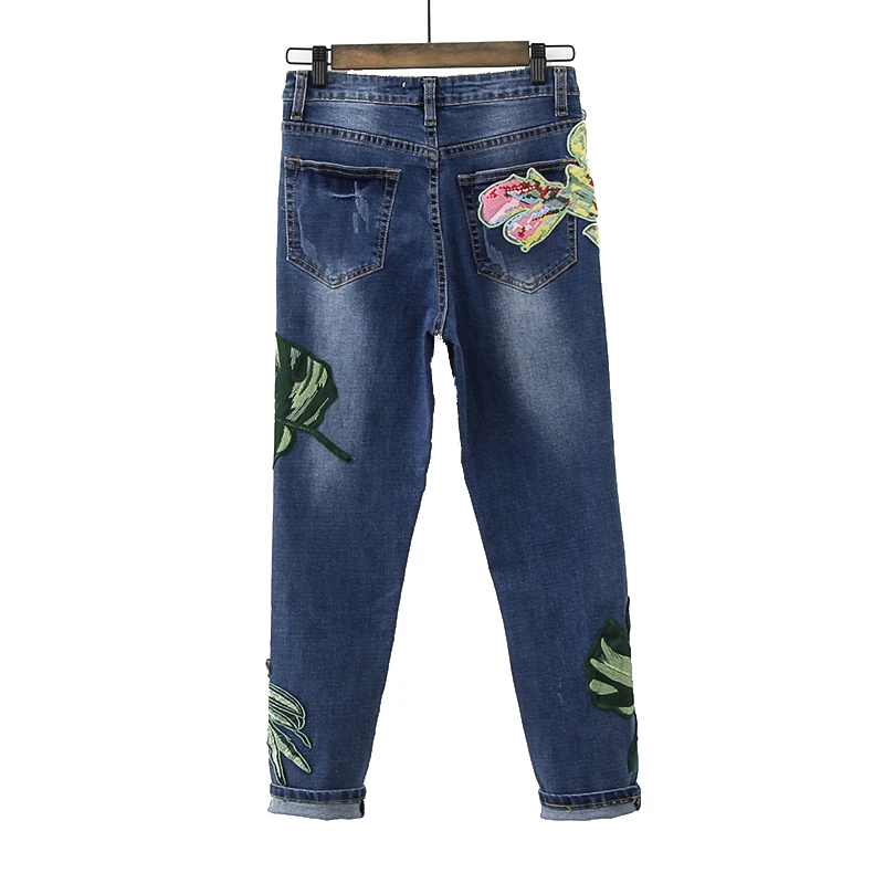 Женские джинсы с вышивкой, высокая талия, тонкие, эластичные, свободные, синие, длина по щиколотку, брюки, листья, цветы, высокое качество, женские джинсы