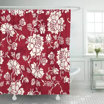 

Shower Curtain with Hooks Blue Floral Vintage Red Chinese Botanic Garden Flower Leaf China Wall Antique Asian Bathroom Decor