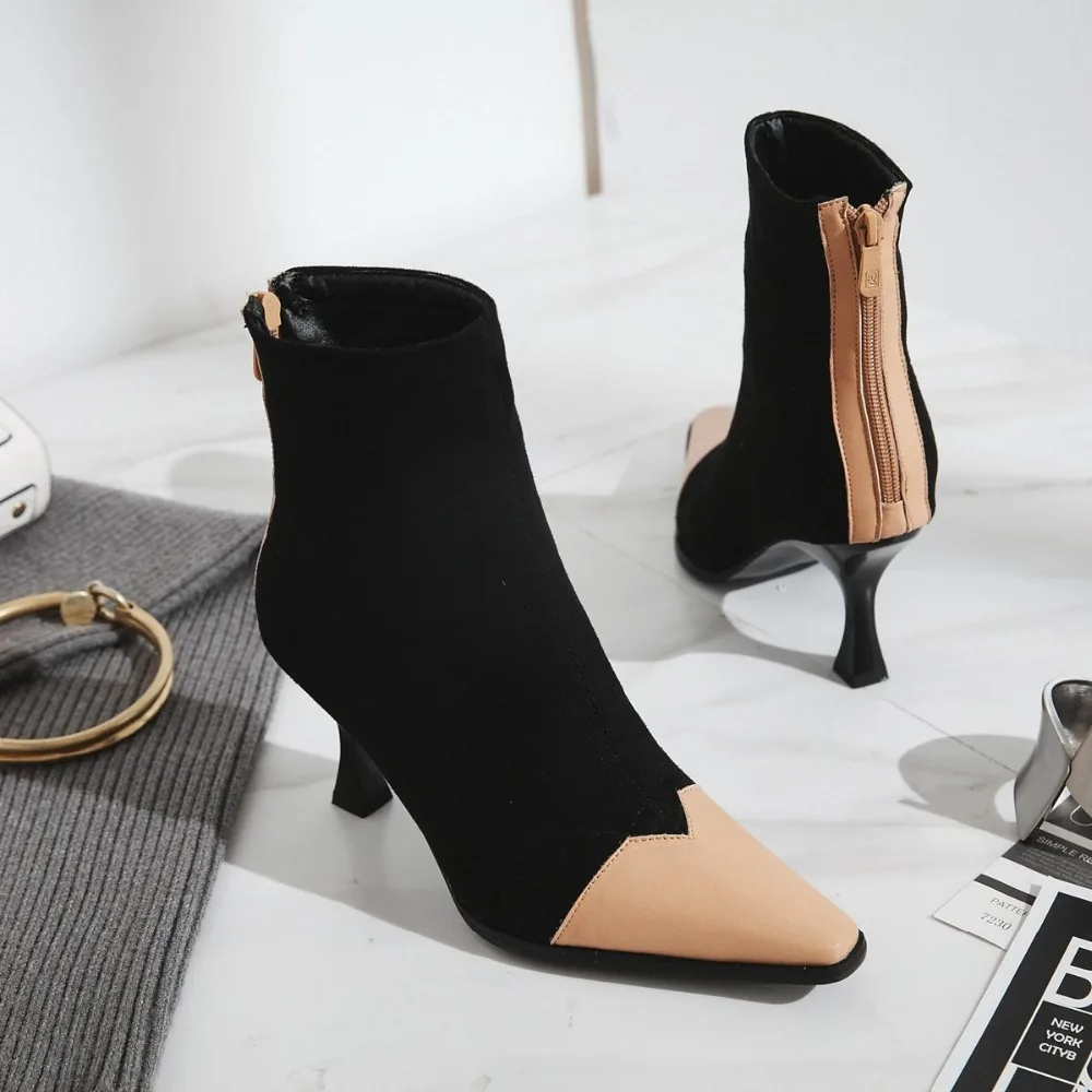 

Women Ankle Boots Woman Shoes 2018 Size 34-43 Autumn New Arrival High Thin Heels Pointed Toe Zipper PU Stretch Fabric SB215