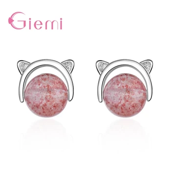 

Women Girls Cute Cat Ears Jewelry Accessories 925 Sterling Silver Stud Earrings With Pink Round Crystal Fine Holiday Gif