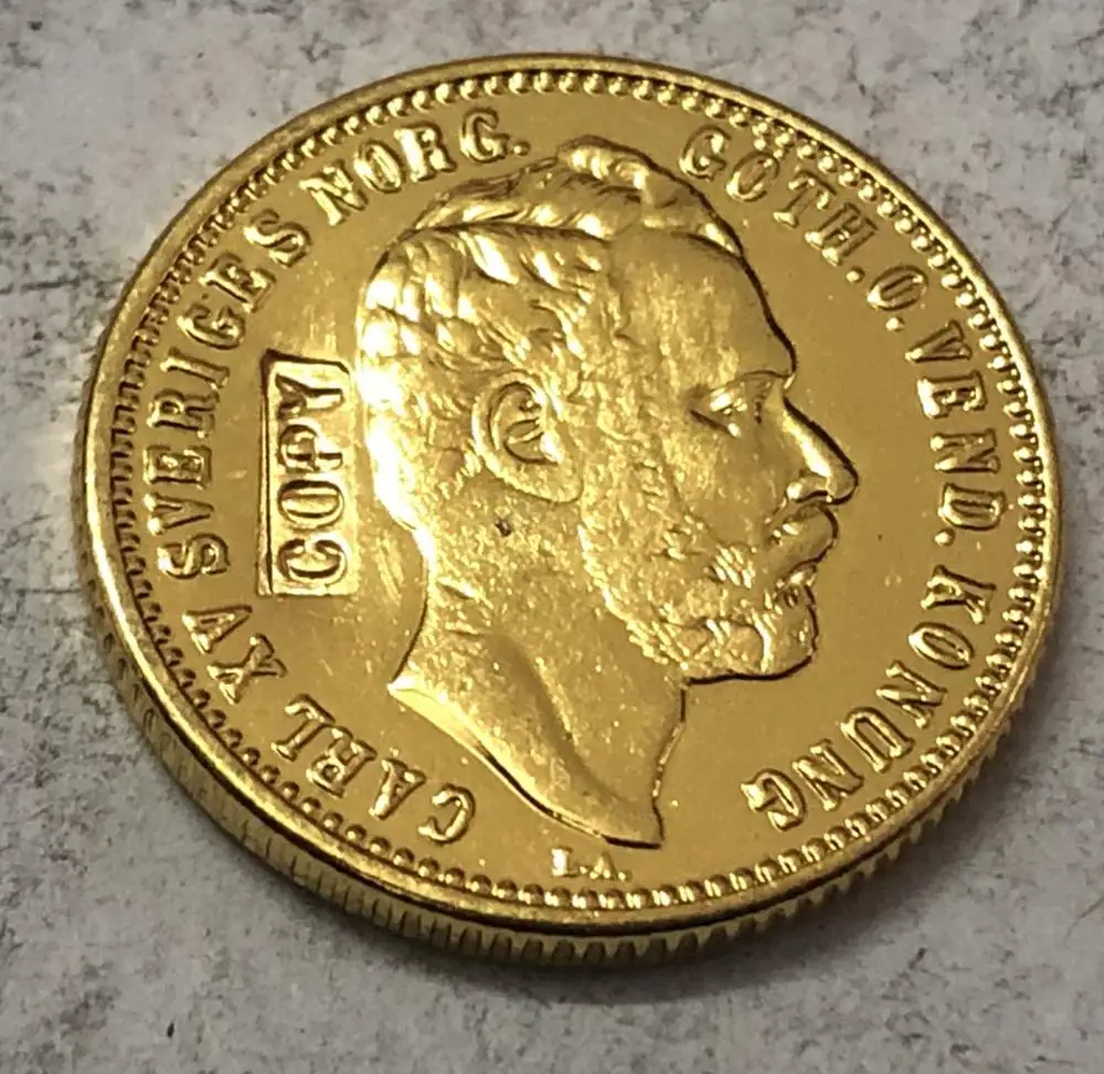 

1871 Sweden 1 Carolin / 10 Francs-Carl XV Gold Copy Rare coin