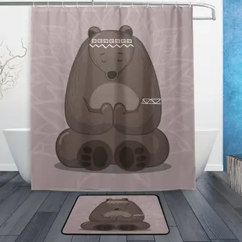 

Cute Bear Yoga Pose on Lotus Waterproof Polyester Fabric Shower Curtain with Hooks Doormat Bath Floor Mat Bathroom Home Decor
