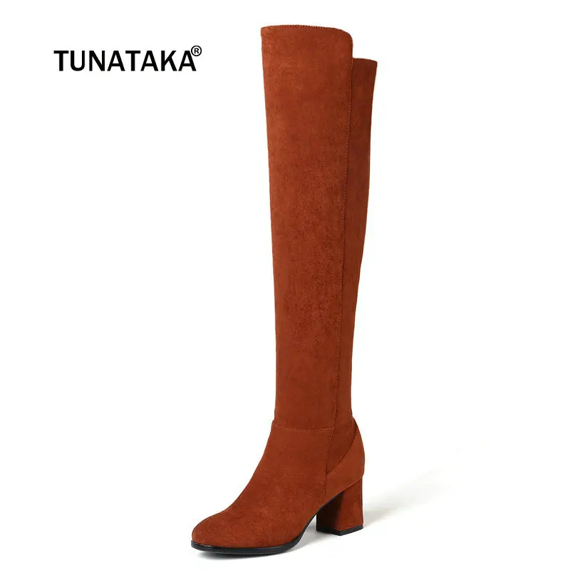 

Ladies Suede Comfort Thick Heel Knee High Boots Fashion Zipper Boots Fall Winter Round Toe Women Shoes Black Brown Dark Gray